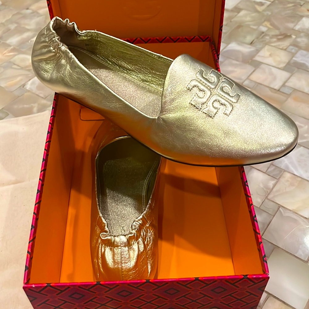 Tory Burch gold smoking slipper 8.5